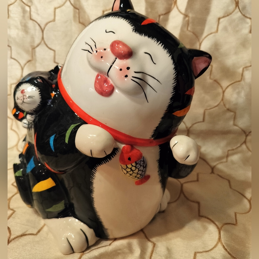 Vintage CKAO Black Cat With Multi Color Strip Ceramic Cookie Jar - Picture 2 of 13